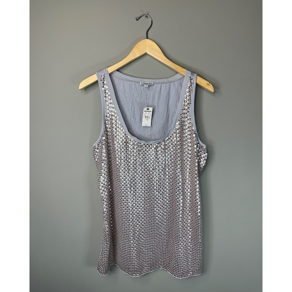 Express Sequin Tank Top Womens Large Gray Pink Silver Sleeveless Scoop Neck NWT